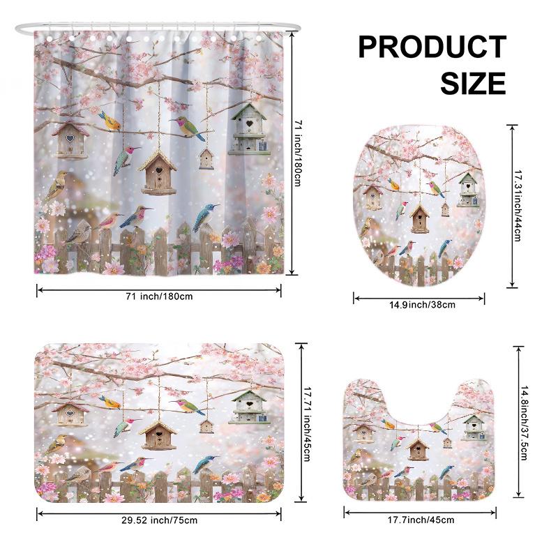4Pcs Spring Floral Bird Shower Curtain Set with Non-Slip Bath Mat, Toilet Lid Cover, Contour Rug & 12 Hooks, Bathroom Decor