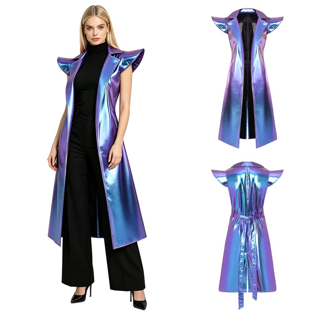 Damen Metallic Glänzend Ärmellos Trenchcoat Revers Offene Front Mit Gürtel Lange Jacke