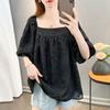Camicia Estiva Trendy Taglie Forti Chiffon Top Manica Corta Manica a Bolla Larga Nasconde Pancia Fluido