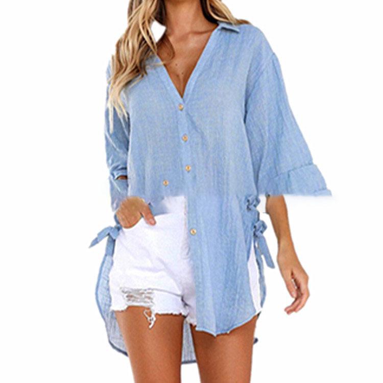 Women Casual Lace-up Button Lapel Shirt Loose Side Knotted Long Sleeve Shirt Plus Size