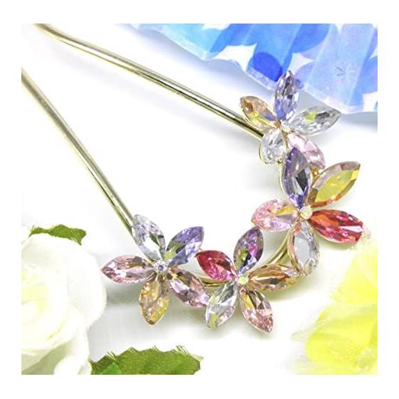 Miaomyao U-Shaped Hairpin for Japanese Kimono and Yukata, Metal Antique Hair Accessory with Cherry Blossom Flower and Zirconia, Multi-color,
