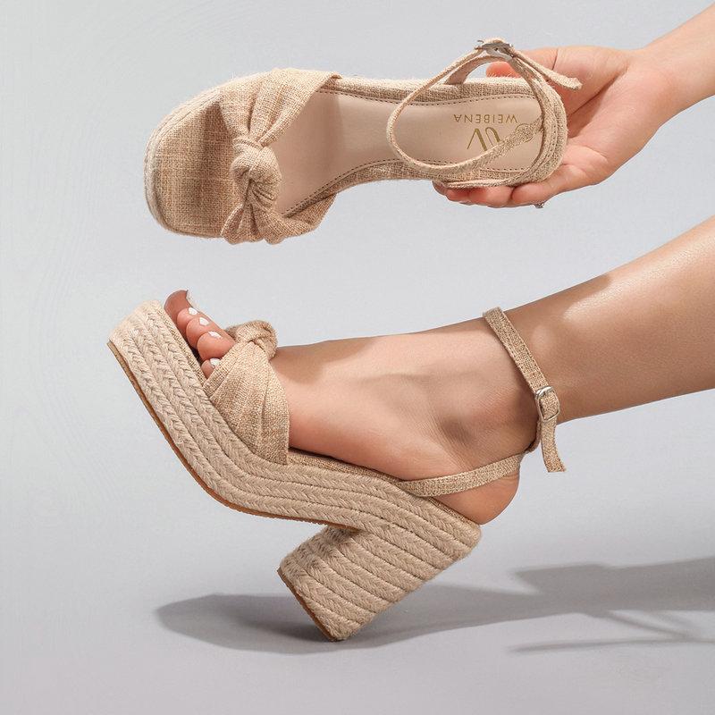 Fashion Hemp Rope Wedge Heel Thick-Soled Sandals With A Knotted One-Strap Summer Casual Vacation Waterproof Platform High Heels