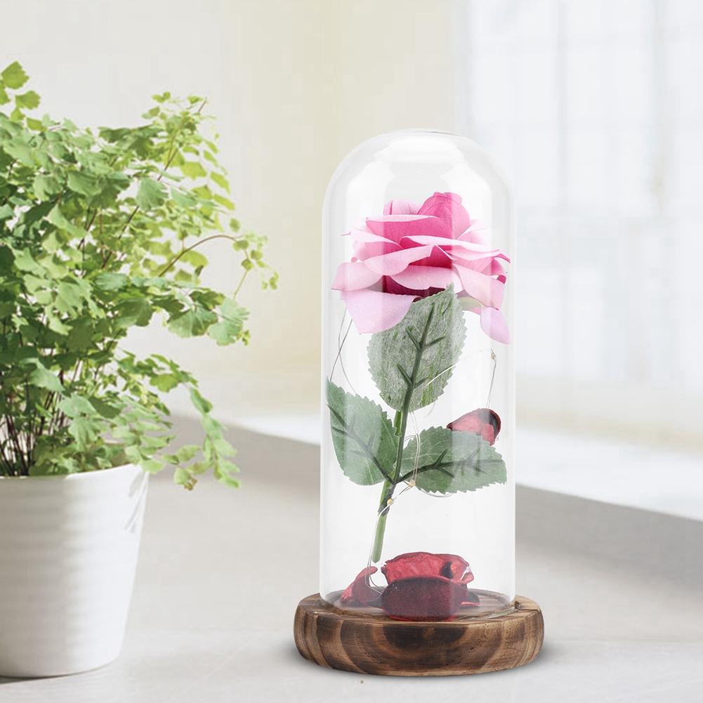 Preserved   Flower LED Light with Glass Cover & Wooden Base Valentines Day Wedding Gift Red