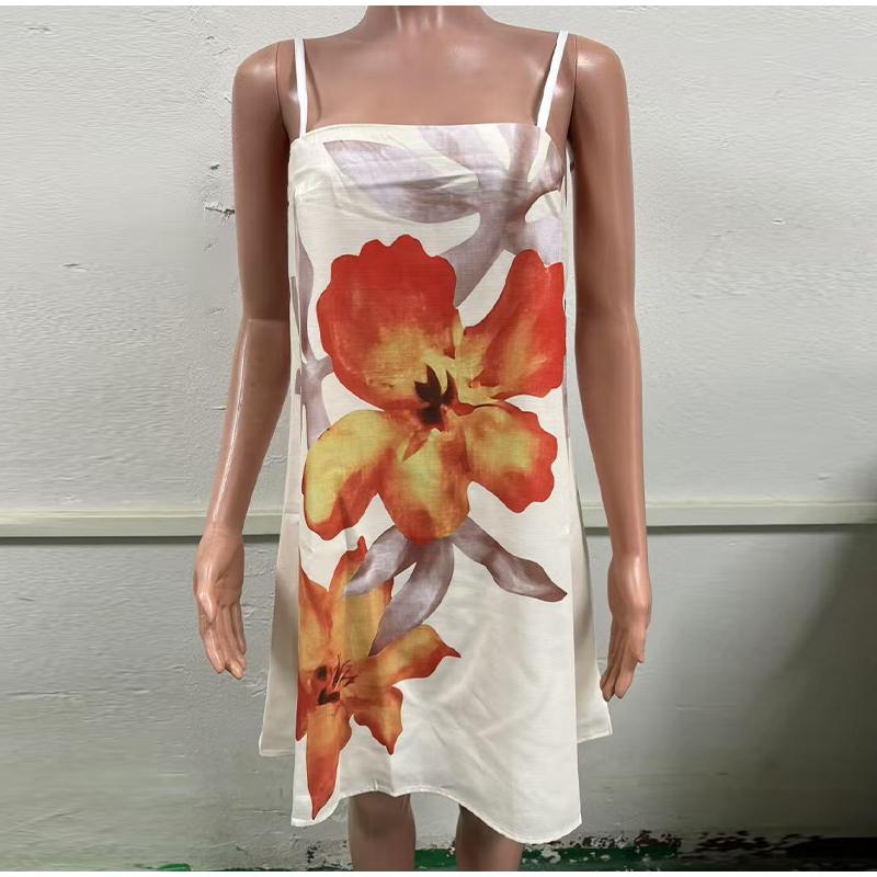 Print Sleeveless Strap Dress Women's Loose Square Collar Off Shoulder Mini Dresses Beachwear