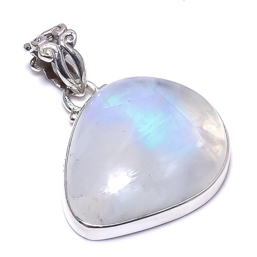 Natural Rainbow Moonstone Gemstone 925 Solid Sterling Silver Pendant 1.30" D2f66