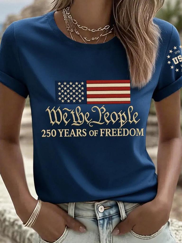 Women's 250th Anniversary Independence Day Digital Print T-shirt – Short Sleeve, Casual European & American Style