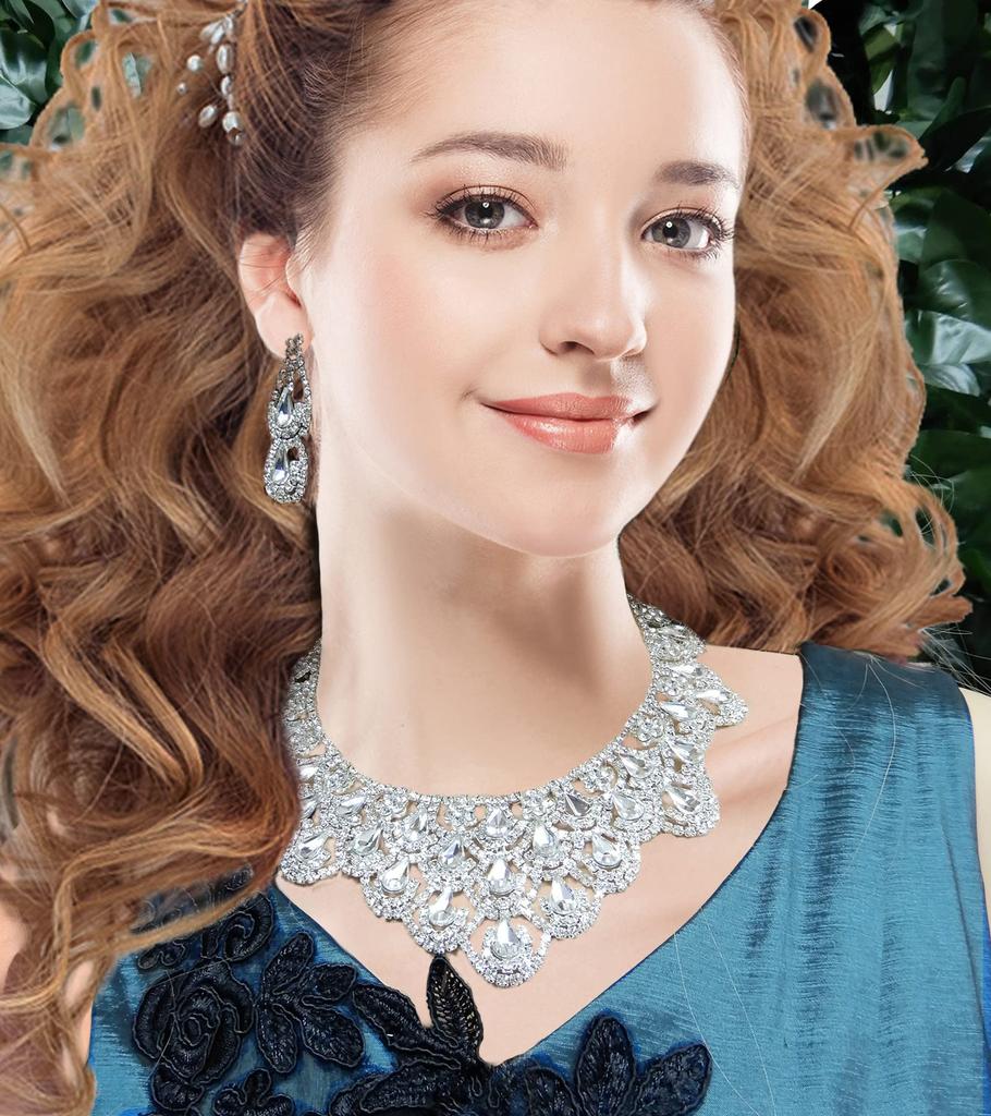 Strass-Halsketten- und Ohrring-Set (Silbernes Ohrring-Set) - Wunderschönes Accessoire für Partys, besondere Anlässe und Abschlussfeiern.