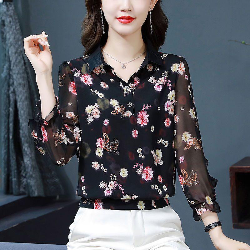 Spring and Summer Shirt Collar Printed Chiffon Blouse Loose Slim Women's Long Sleeve Floral Bottoming Top