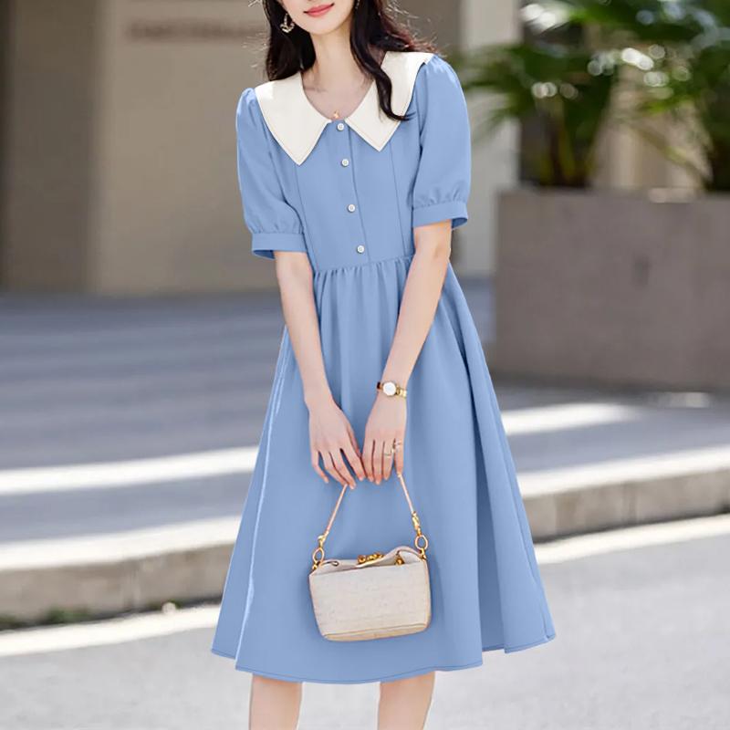 ZANZEA Women Casual Splice Doll Collar Summer Short Sleeve Dress