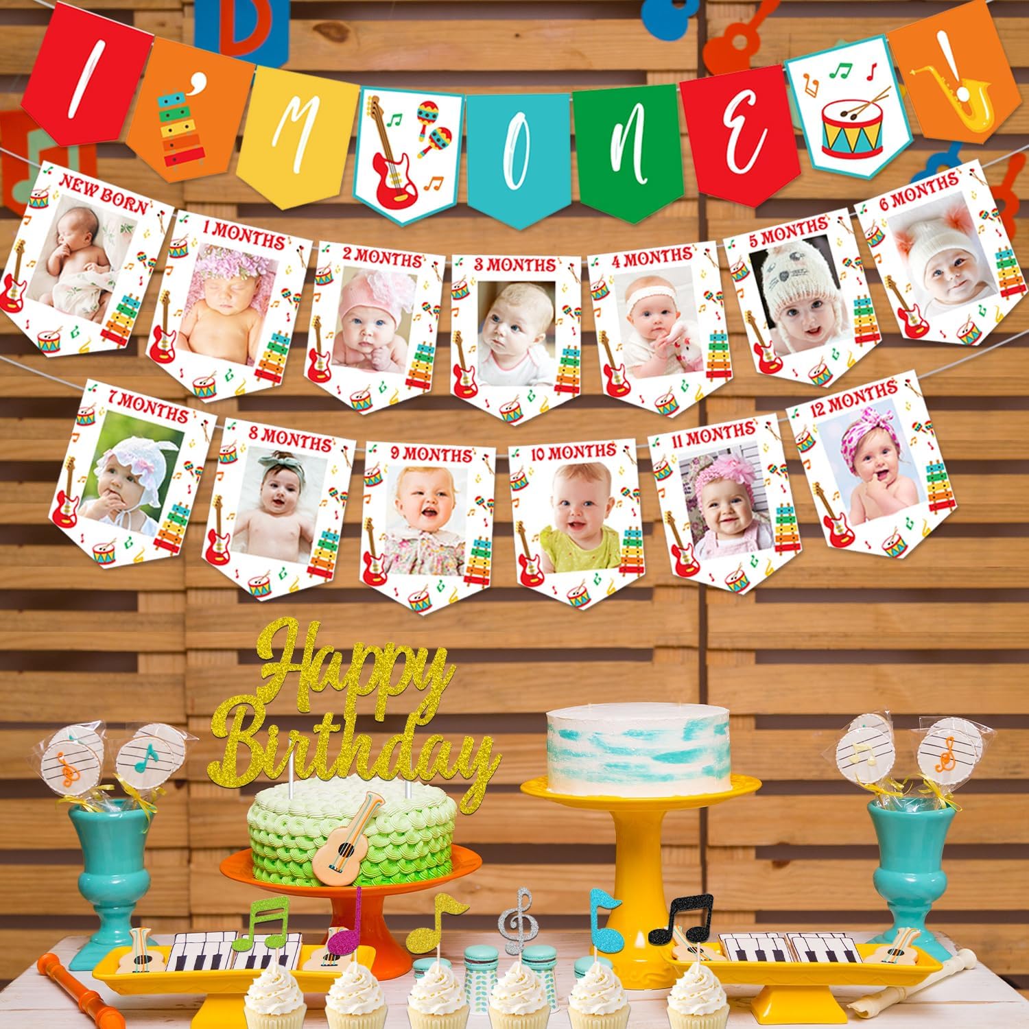 Music Theme 1st Birthday Party Decorations, Kids Birthday Party Supplies with I m One Banner Photo Banner Music Note Cake Toppers, Colorful Baby