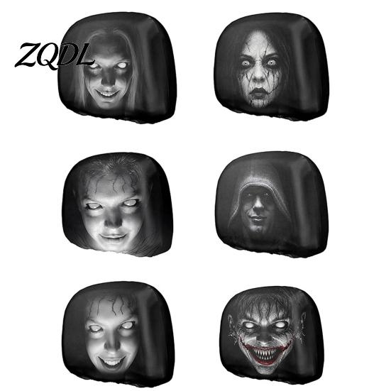 Eerie Car Interior Styling Realistic Horror Headrest Covers, Double Sided Scary Passenger Decorative Sleeves Illusion Seat Protector, Universal