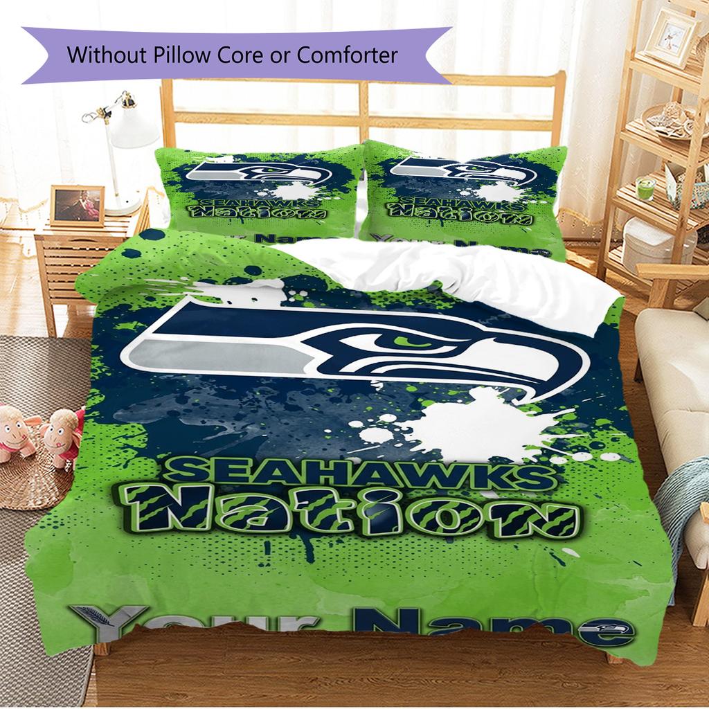 Name Custom Seattle Seahawks Logo Pattern Bedding Set Quilt Cover Pillowcase Home Decor Gift (1 * duvet cover + 2 * pillowcase, without core)