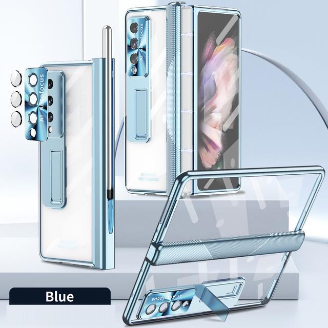Magnetic Hinge Electroplate Frame Transparent Cover For Samsung Galaxy Z Fold 4 Case With Tempered Glass S Pen Bracket