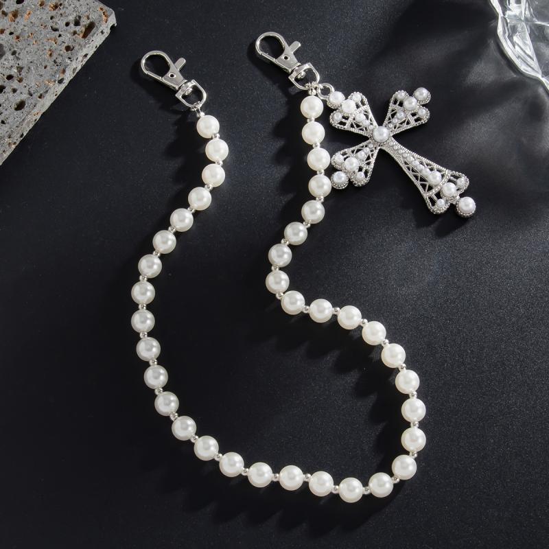 

Durable Metal Punk Cross Chain | Imitation Pearl Pendant for Men s Jeans (Anti - Tarnish, Wallet Bag Accessory) серебряный