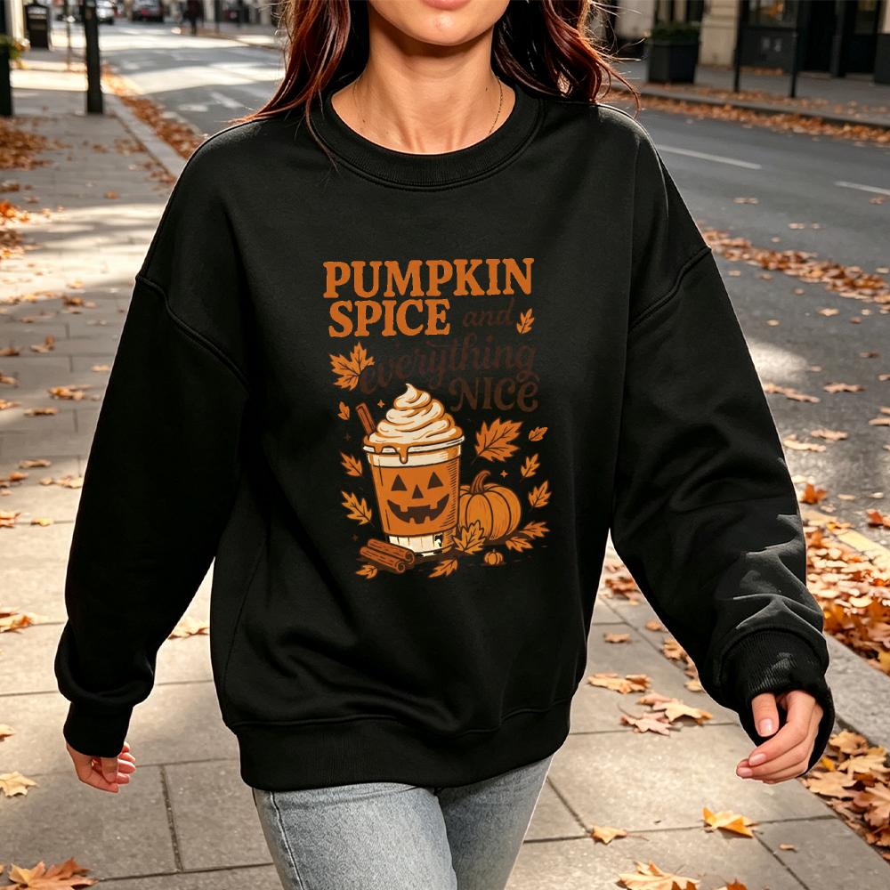 PUMPKIN SPICE and Everything NICE Retro Fall Sweatshirt Women Halloween Pumpkin Coffee Print Pullover Autumn Holiday Daily Wear
