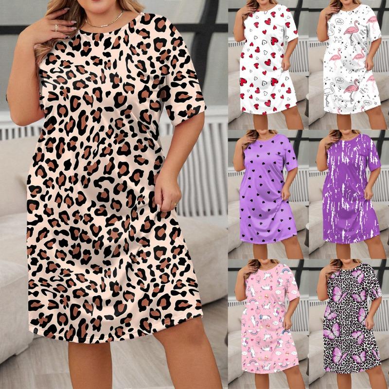 Women's Spring Summer Short Sleeve Butterfly Print Large Size Short Round Neck Nightdress