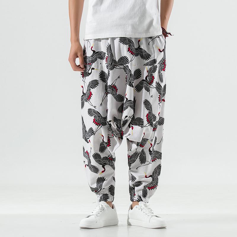 2026 Spring Men's Chinese-Style Cotton Linen Harem Pants - Printed Hip Hop Trousers