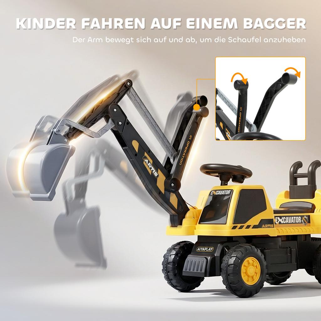 Ride-On Digger Excavator with Shovel, Steering Wheel, Rotatable Body, Adjustable Backrest, for Kids 1.5-3 Years, Yellow