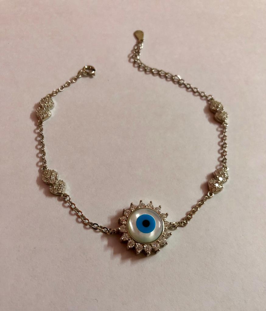 Artisan Crafted 925 Silver Evil Eye Protection Bracelet, Amulet Nazariya, Mother of Pearl Jewelry, Handmade, Handcrafted 7" + 1" Ext, 6.1 Gm