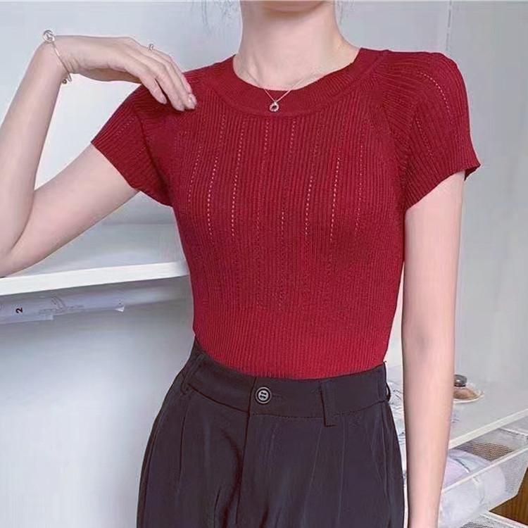 Ageing Round Neck Hollow Vertical Stripes Short-sleeved Knit Shirt Summer Simple Youth Thin Tops Women Casual Essential Slim Fit Pullovers Tees