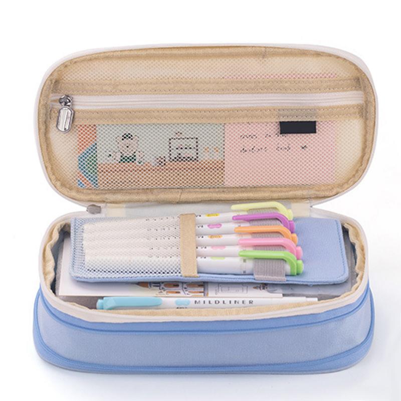 Pencil Pouch Large Capacity Color Splicing Double Layered Simple Style Design Pen Holder Bag