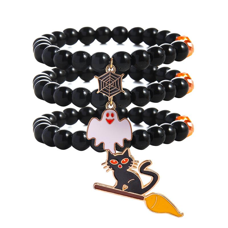 3 Pcs Halloween Black Beaded Bracelets Set for Women Handmade Spider Web Ghost Cat Pendant Bracelet Girls Party Jewelry Gift