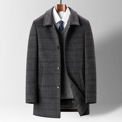 Pánsky vlnený kabát strednej a dlhej dĺžky s klopou, károvaný, business casual, vlnený kabát, pánsky kabát