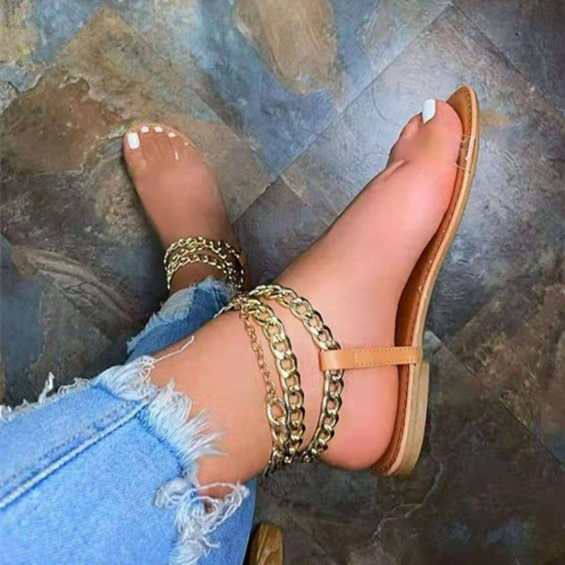 New flat bottom round head metal chain transparent sandals women wear beach sandals outside large size