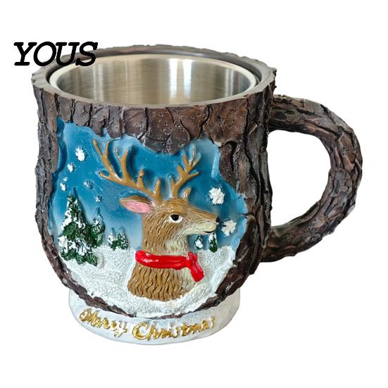 Durable Resin Cup Christmas Themed Coffee Mug, 3D Santa Claus/Snowhouse/Reindeer/Socks/Christmas Tree/Snowman Design, Party Drink Supplies Stainless
