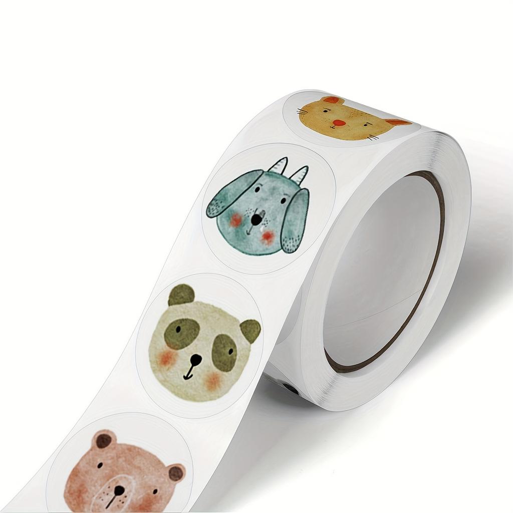 500pcs/roll Cute Cartoon Animal Head Self-Adhesive Stickers Teacher Rewards Office Gift Box Packaging DIY Decoration PVC Sticker