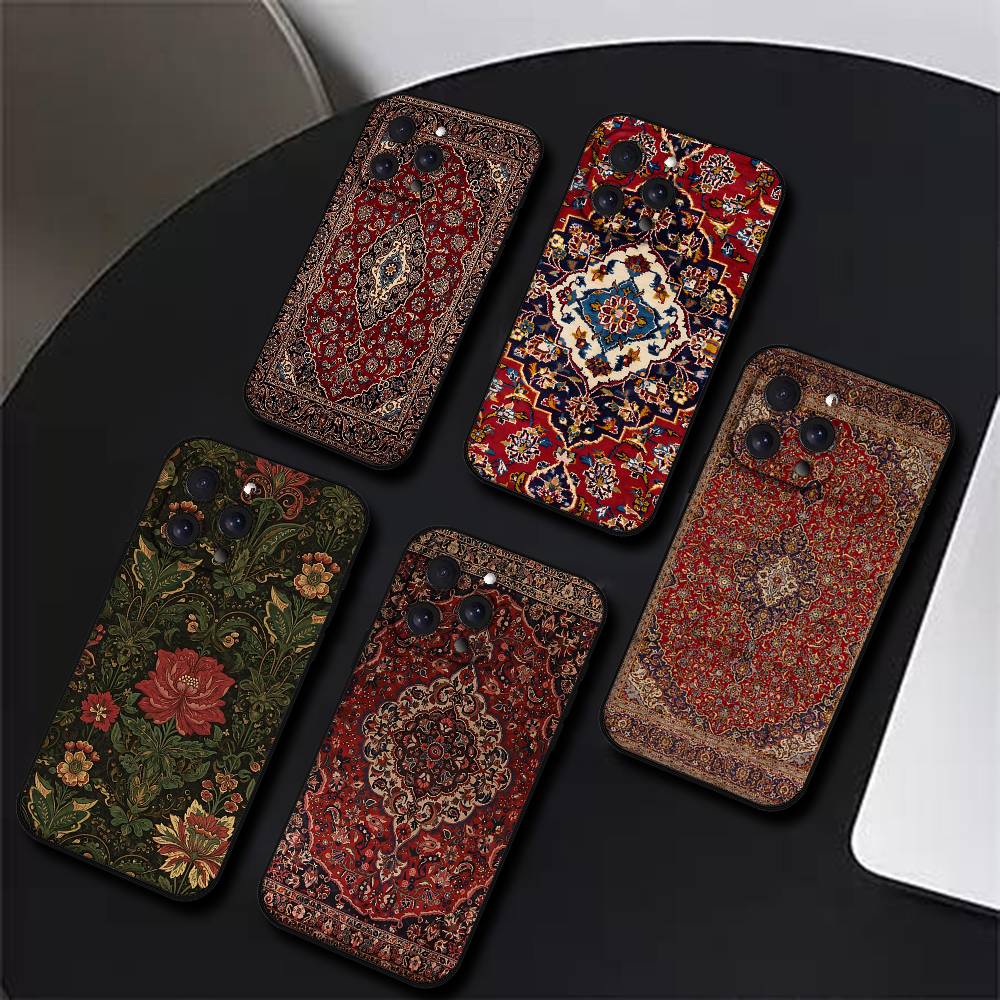 Custodia per Telefono con Motivo Floreale Tappeto Persiano Per iPhone 17 16 15 11 13 14 Pro Max X Xr Xs Max 12mini Cover Nera