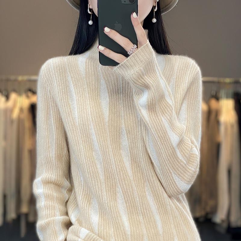 Design sense semi-turtleneck knitted sweater women's autumn and winter new high-end loose and thin bottoming shirt top