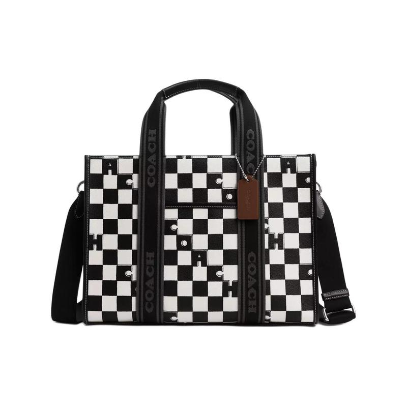 

COACH Smith 34 checkerboard print coated canvas and smooth leather Tote bag Tote bag shopping bag shoulder crossbody handbag large size women s black чорний