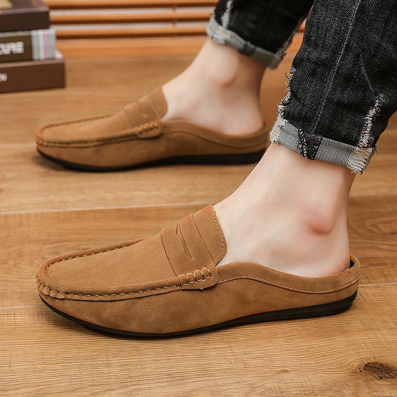 Fashion Leather Men Half Slippers Summer Breathable Mens Casual Shoes Slip-on Lazy Driving Shoes Comfortable Walking Loafers Moccasins