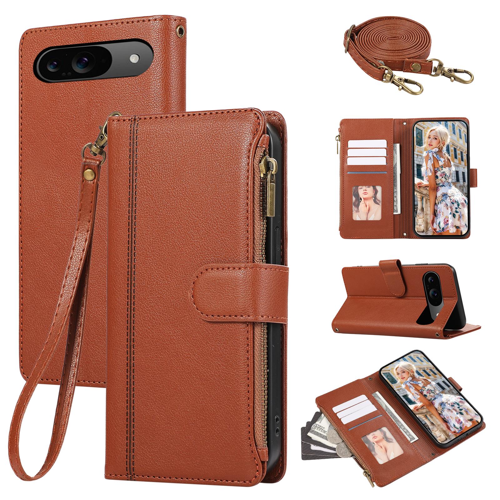 

For Google Pixel 9/9 Pro Case Multi Card Slots Zipper Leather Phone Cover with Shoulder Strap/Wrist Strap Brown