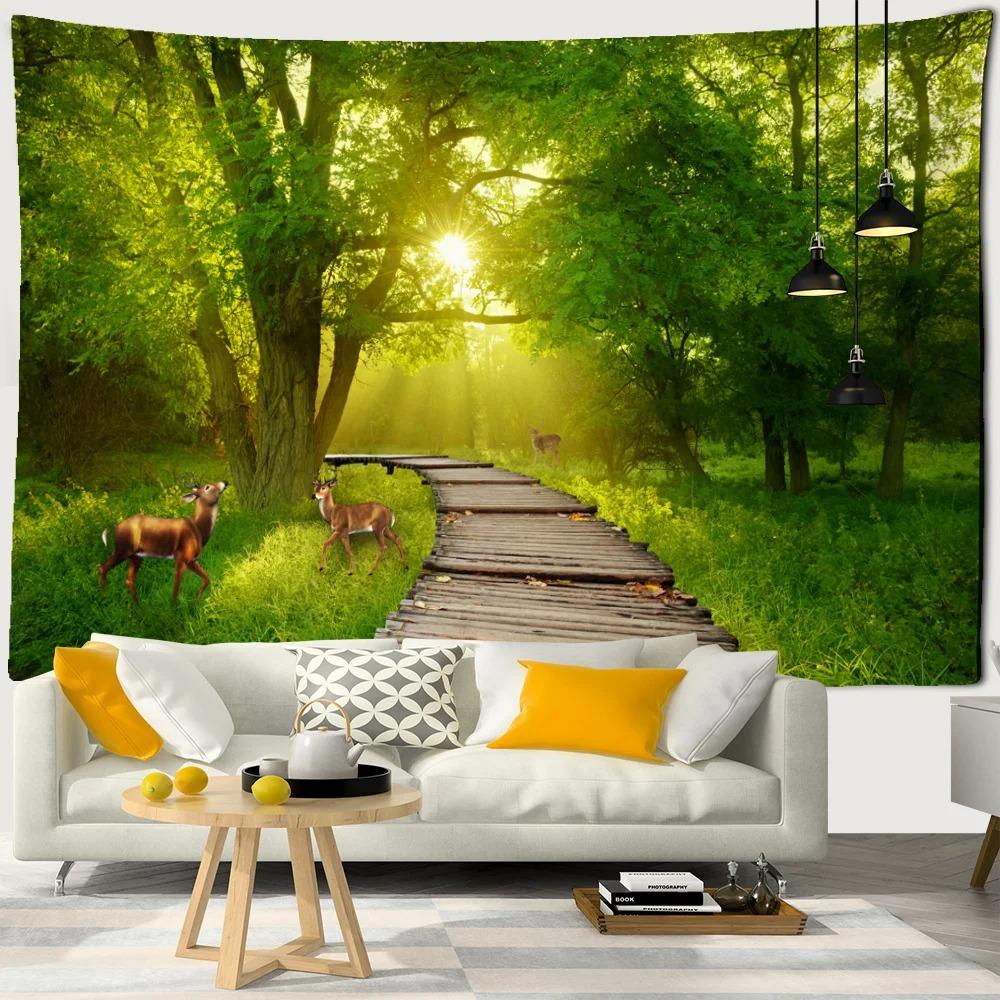 Sea Moon Cherry Blossom Forest Trail Wall Hanging Tapestry Home Decoration Living Room Bedroom Wall Background Hanging Cloth