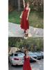 Spring 2025 French Floral Red A-line Spaghetti Strap Dress for Women