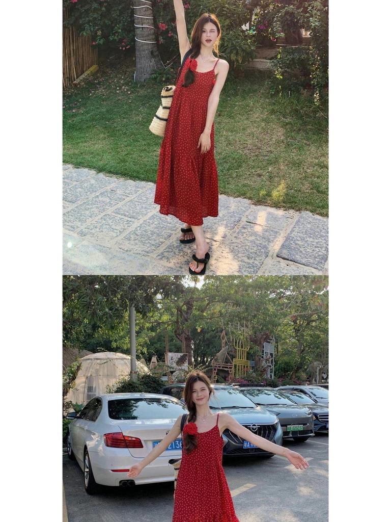 Spring 2025 French Floral Red A-line Spaghetti Strap Dress for Women
