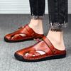 Men Outdoor Hiking Sandals Brown Leather Closed Toe Blue Beach Shoes Walking Handmade Sandals Plus Size