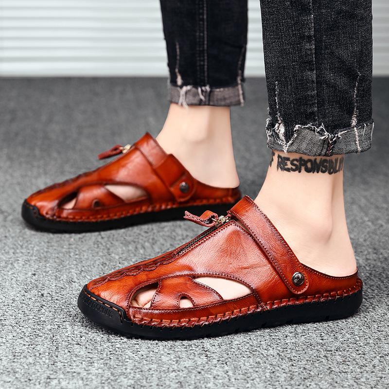 Men Outdoor Hiking Sandals Brown Leather Closed Toe Blue Beach Shoes Walking Handmade Sandals Plus Size