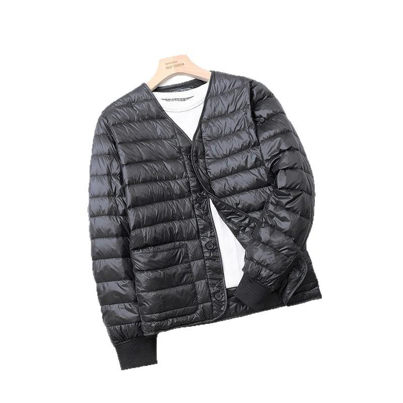 2025 down jacket men's short slim fit thickened warm and thin collarless V-neck white duck down liner jacket cotton jacket