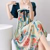 Short-sleeved cotton silk nightgown women's summer square collar improved Hanfu national style cotton silk skirt loungewear can be worn outside 