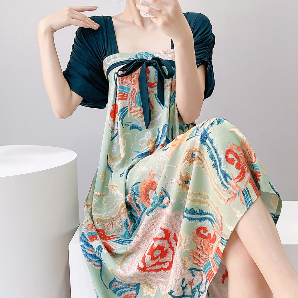 Short-sleeved cotton silk nightgown women's summer square collar improved Hanfu national style cotton silk skirt loungewear can be worn outside