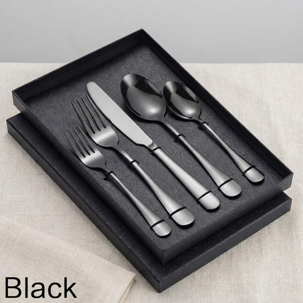 

5PCS Stainless Steel Flatware Set Elegant Cutlery for Travel Camping Gift Box Ideal for Weddings Home Use чёрный