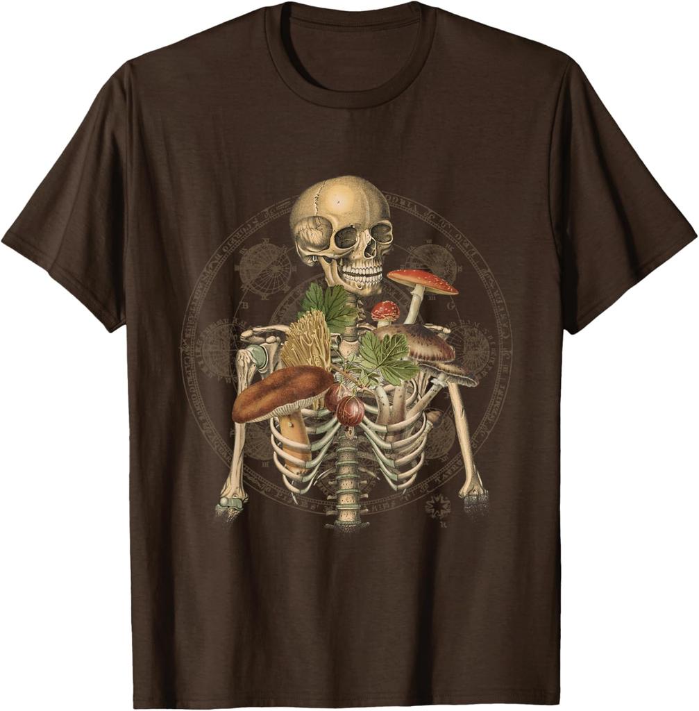 Skeleton With Mushrooms Goblincore Mycologist Fungi Graphic Tee Cotton Casual Trip T-Shirt