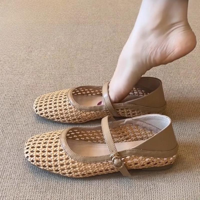 2025 Summer New Crystal Flats Shoes Women Square Toe Mary Jane Shoes Genuine Leather Hollow Outs Mules Runway Ballet Shoes Woman