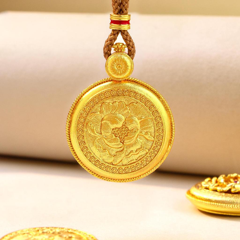 Elegant Sand Gold Rhinestone Peony Flower Pendant with Braided Rope for Women