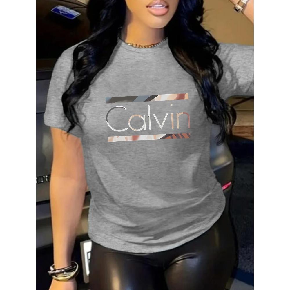 Calvin Pattern Round Neck Women's T-shirt Short Sleeve Fashion Printed Short Sleeve