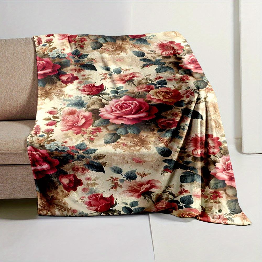 [Soft Vintage Rose Blanket] Soft and High Quality Vintage Rose Floral Pattern Flannel Throw Blanket | Digital Print, Non-Woven P
