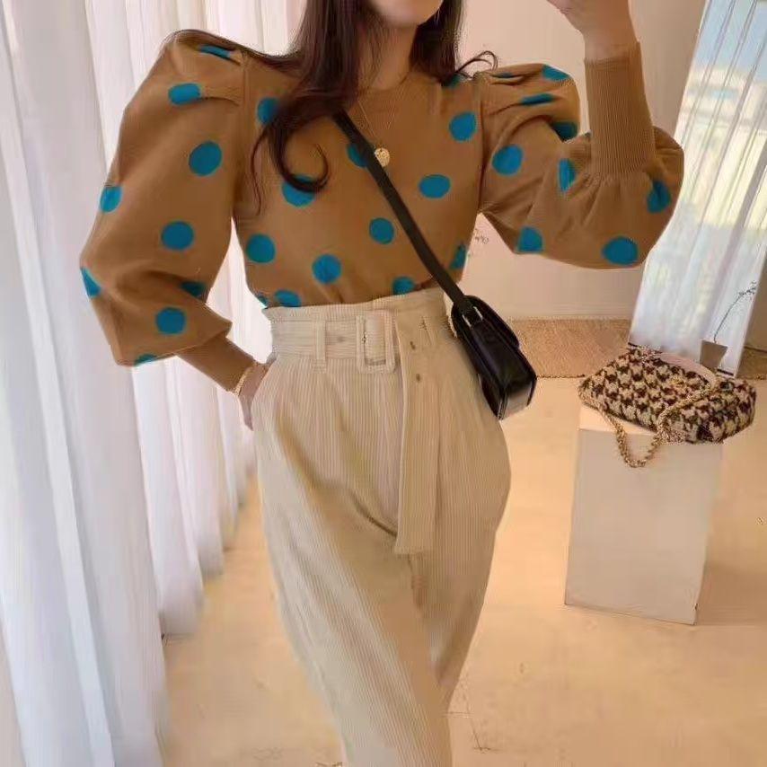 Autumn Polka Dot Puff Sleeve Knit Sweater - Slim, Versatile, Round Neck Style